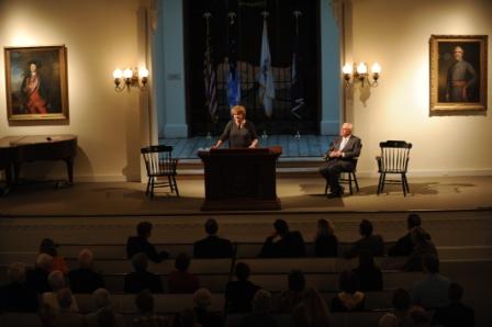 Under Secretary Judith McHale begins her remarks as Marshall Foundation President Brian D. Shaw looks on after his introduction.