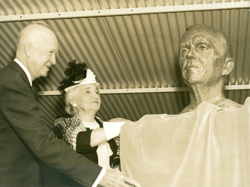 Ike and Katherine Marshall unveil a bust of George C. Marshall at the September 8, 1960 dedication.