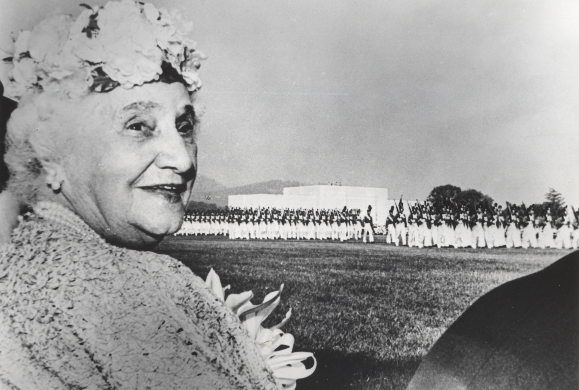 Katherine Tupper Marshall watches the VMI Corps of Cadets parade, May 23, 1964.