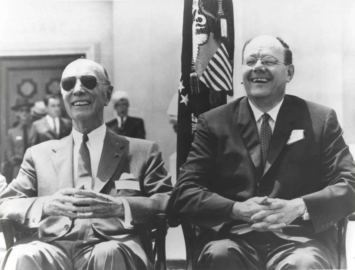 George C. Marshall Research Library staff on stage at the Dedication Cermony: Chairman of the Advisory Board Robert A. Lovett and Director of the George C. Marshall Research Library Dr. Forrest C. Pogue