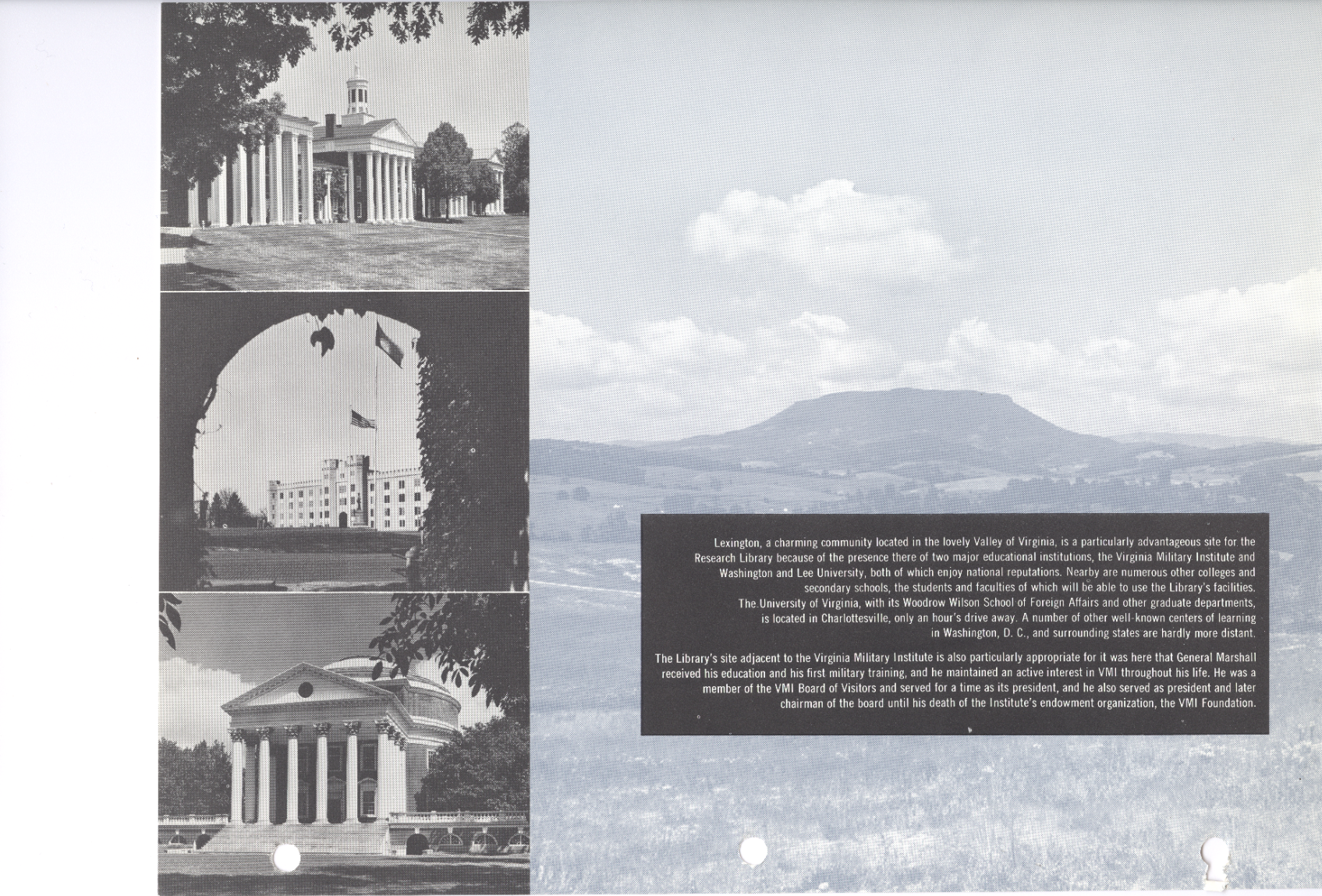 Another page from the brochure explains the reasons for picking the location of the George C. Marshall Research Library.