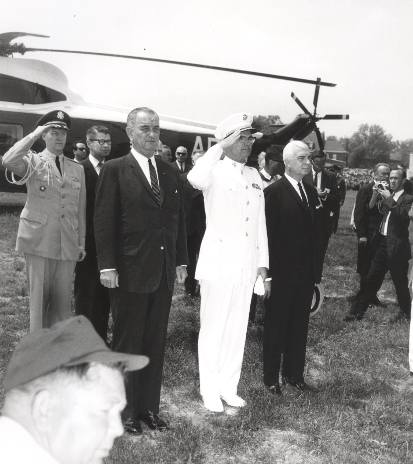 President Lyndon B. Johnson, Gen. George Shell, and Gov. Albertis Harrison, Jr., on arrival at the dedication of the George C. Marshall Research Library, May 23, 1964.