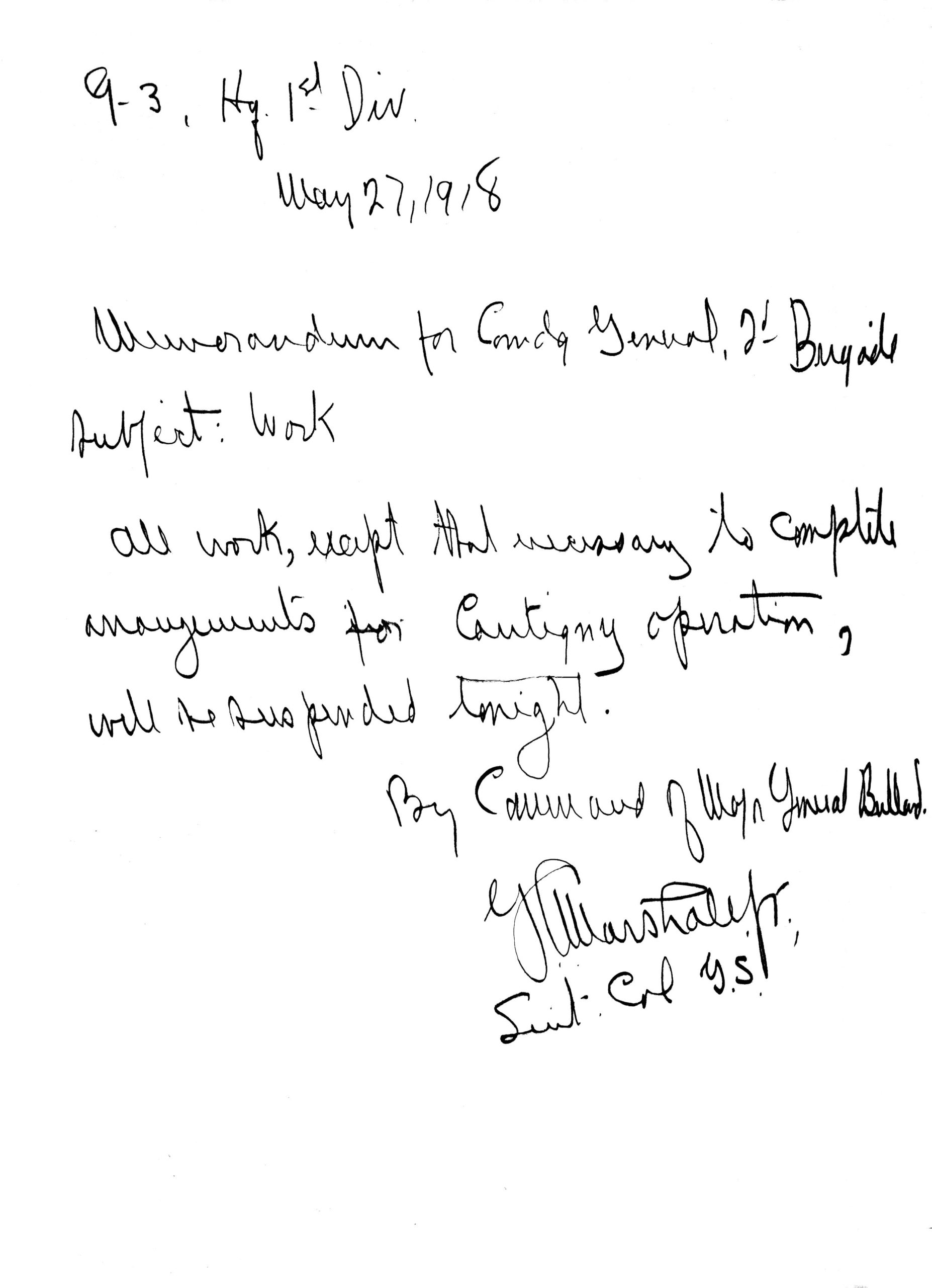 Note from Lt. Col. Marshall the day before the battle began.