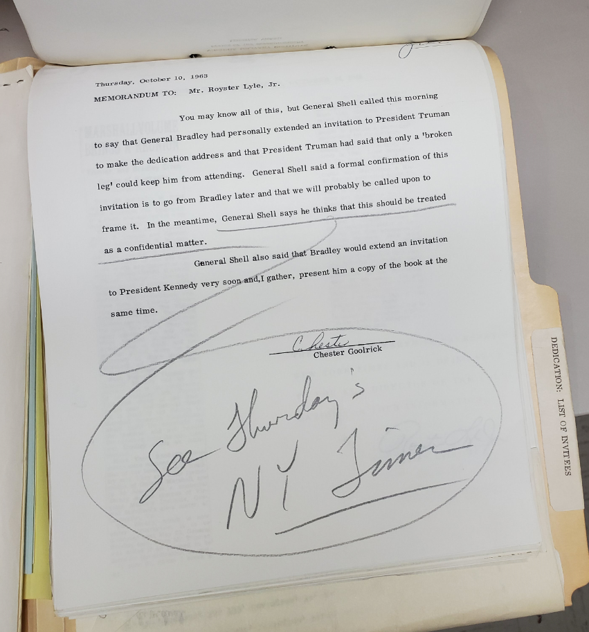 A memo about Bradley's visit to Truman and a future Dedication invite to extend to President Kennedy, with a reference to the New York Times column on October, 10, 1963.