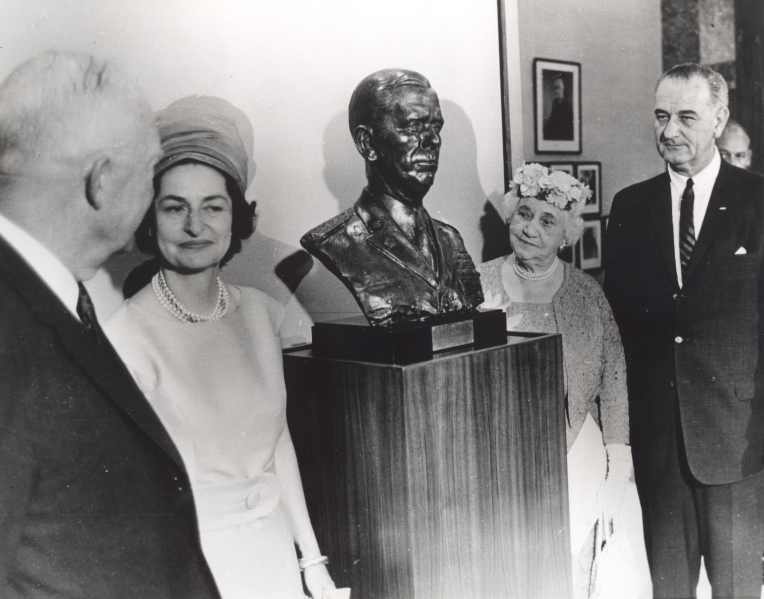 Eisenhower, Lady Bird Johnson, Katherine Tupper Marshall and President Johnson in the lobby of the future Marshall Museum, May 23, 1964, GCMF Photo.