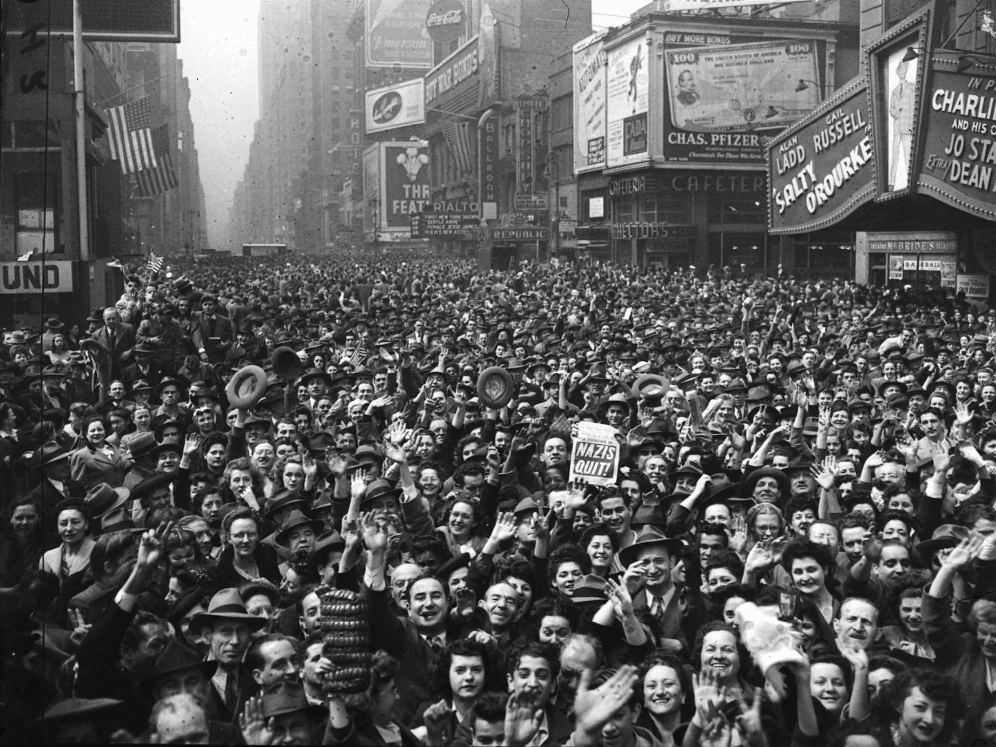 Celebrations crowded Times Square on VE Day.