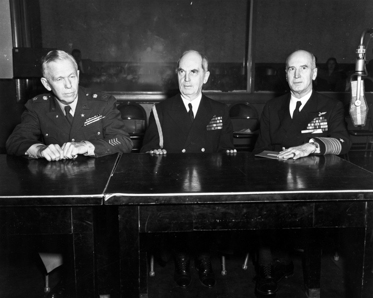 Gen. Marshall, Adm. Leahy, and Adm. King broadcasting on VE Day. 