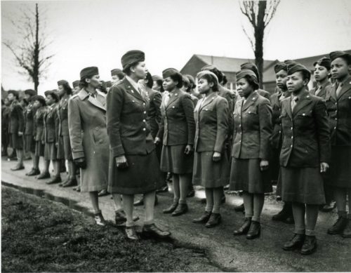 Maj. Charity Adams and Capt. Abbie Campbell at the unit's first inspection. Army Historical Foundation photo.