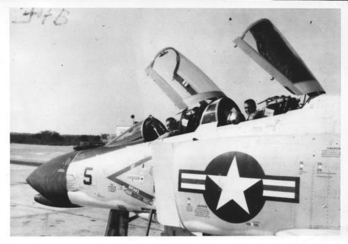 Capt. Flanigan in the back seat of an F-4 "Phantom." Unknown pilot.