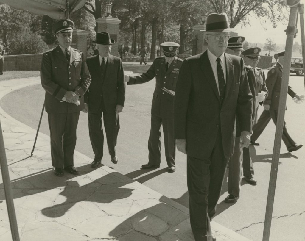 BG Frank McCarthy gathers the pallbearers as Gen. Omar Bradley walks to his spot.