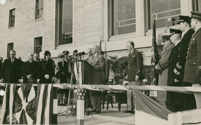 Among those present: Katherine Marshall, Adm. Ernest King, and Brig. Gen. Frank McCarthy