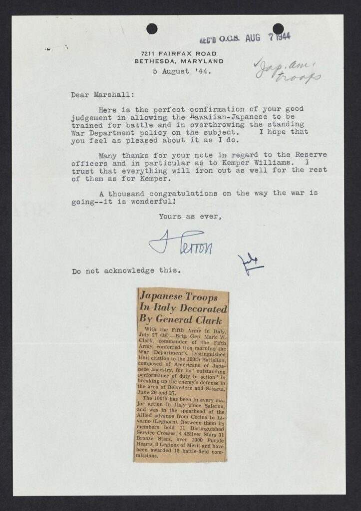 Letter from Gen. Herron to Gen. Marshall regarding 442nd RCT.